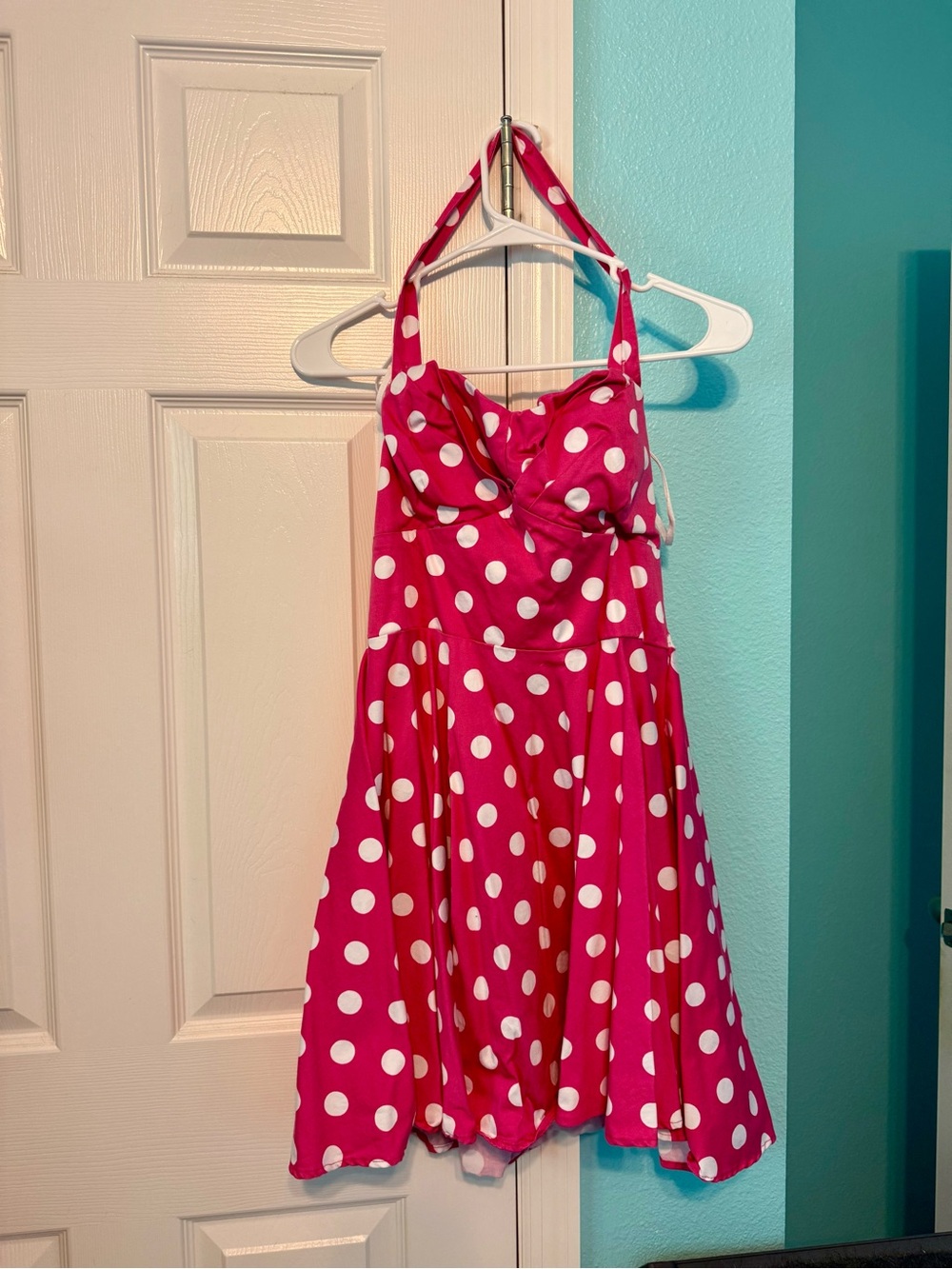 Modcloth Traveling Cupcake Bright Pink Polka Dot Halter Swing Dress